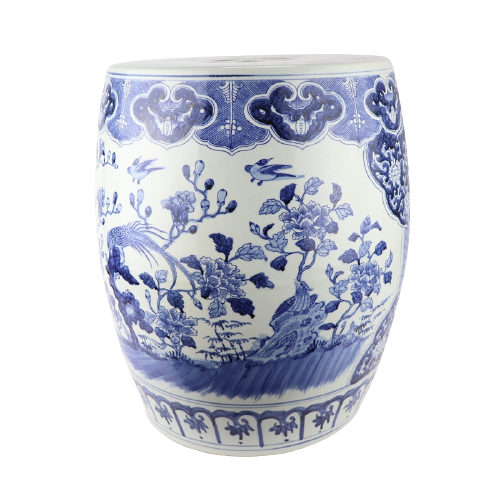 Grote Porseleinen Tuinpoef Met Bloemen en Vogels - The Ming Garden Collection