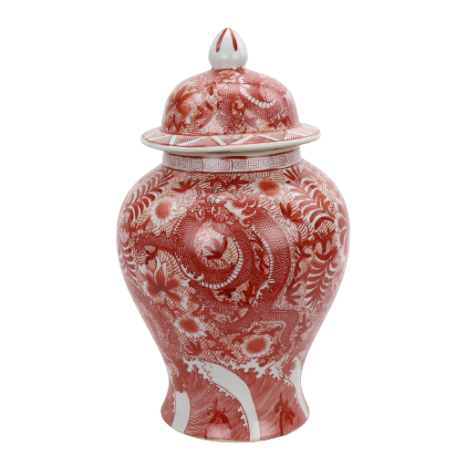 Koraalrode Porseleinen Pot Met Draken - The Ming Garden Collection