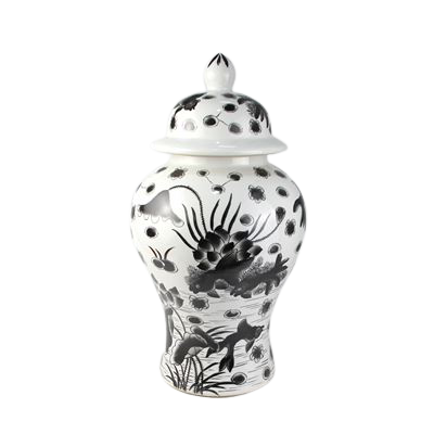 Grote Zwarte Porseleinen Pot Met Vissen - The Ming Garden Collection