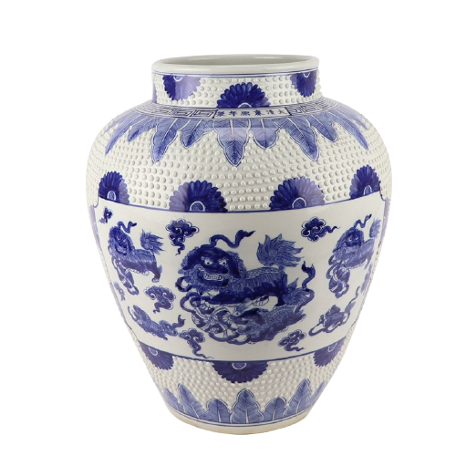 Grote Porseleinen Vaas Met Reliëf En Foo-dogs - The Ming Garden Collection